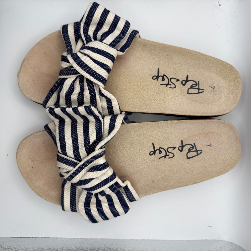 Pep Step Women 7 Navy White Stripe Bow Slide Sandals Cork Footbed Nautical Beach
